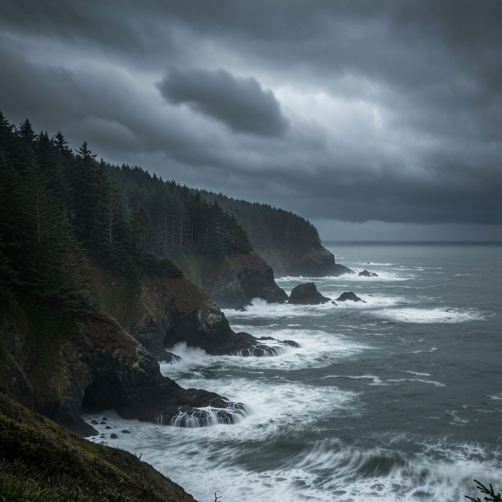 Moody Pacific Northwest coastal headland at dusk