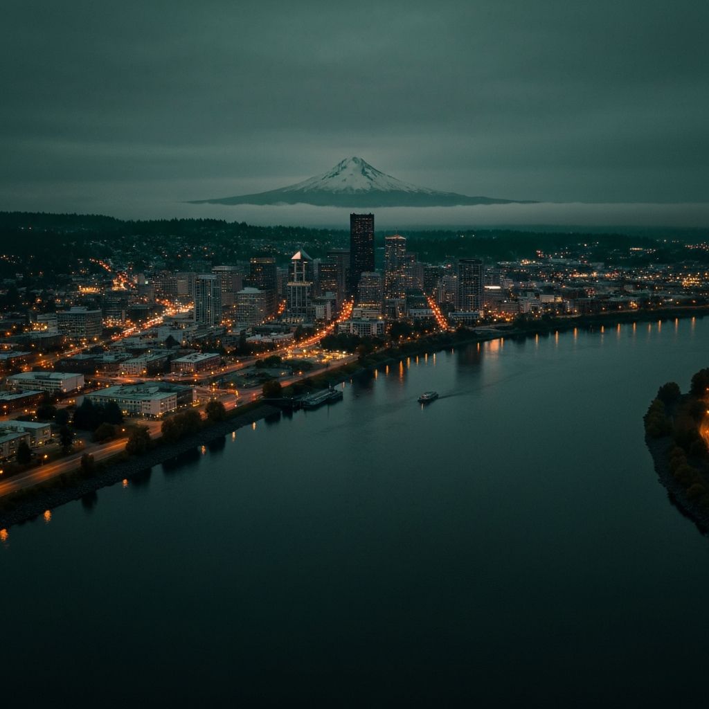 Portland Oregon skyline at dusk over the Willamette River
