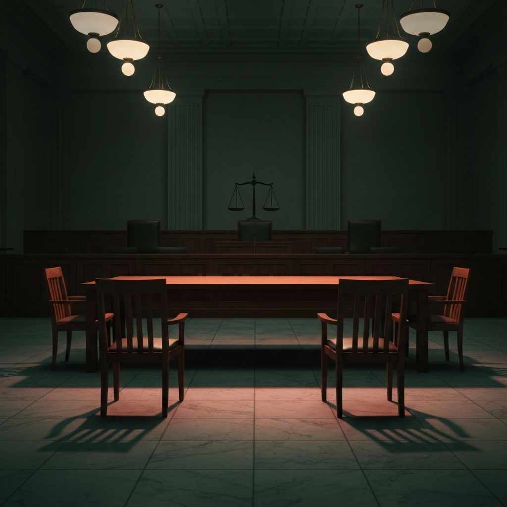 An empty Oregon courthouse hearing room at dusk — where stalking order outcomes are decided